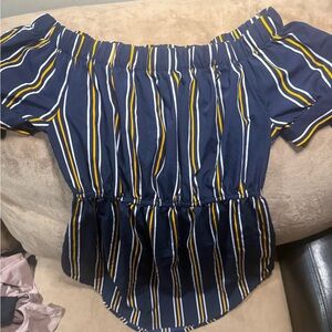 Women’s Medium Off-Shoulder Navy Striped Peplum Dress - Yellow & White Stripe